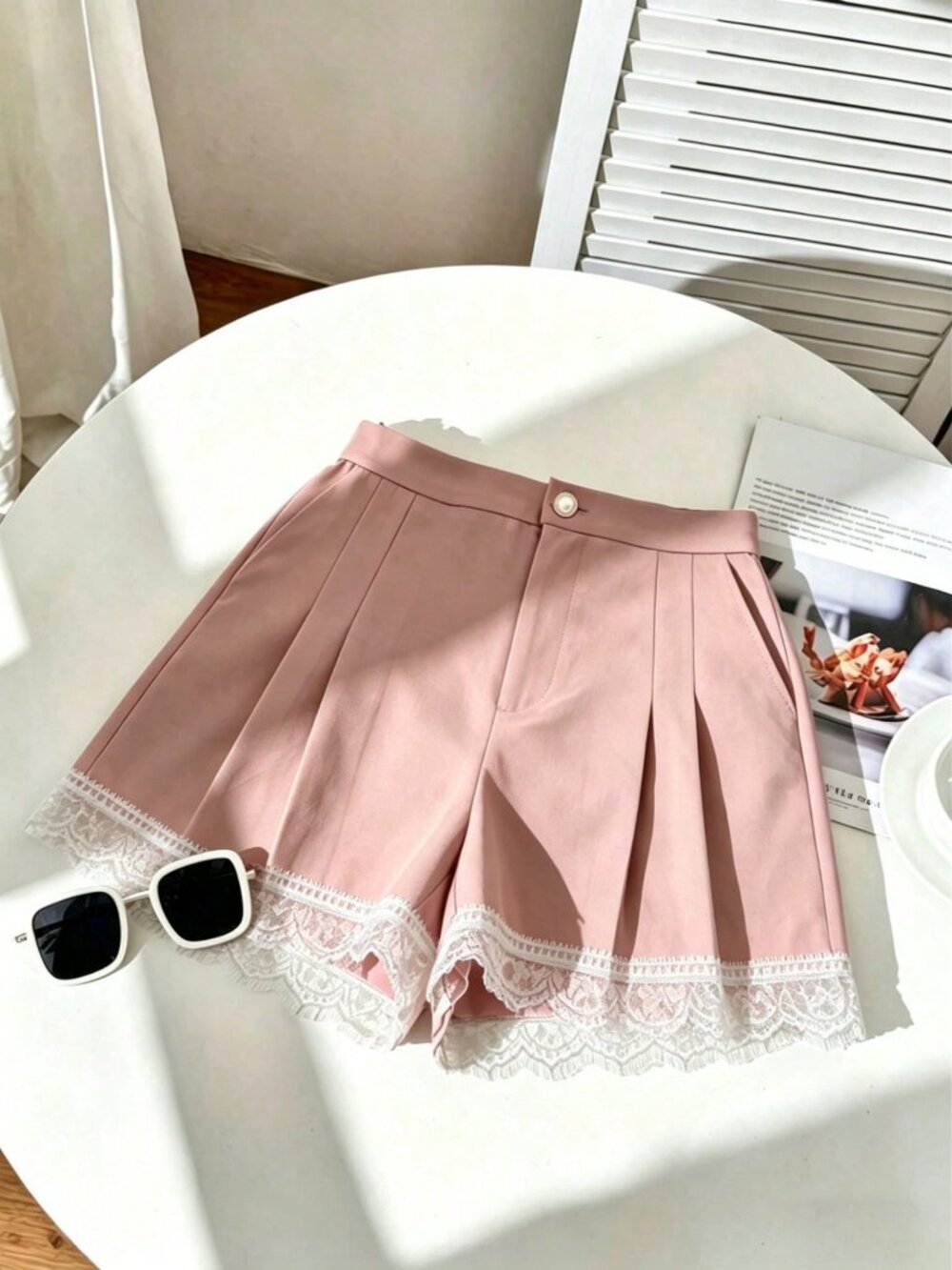 Pink Casual Women's Elegant Minimalist Pleated A-Line Lace Wide Leg Shorts - Picture 3 of 7